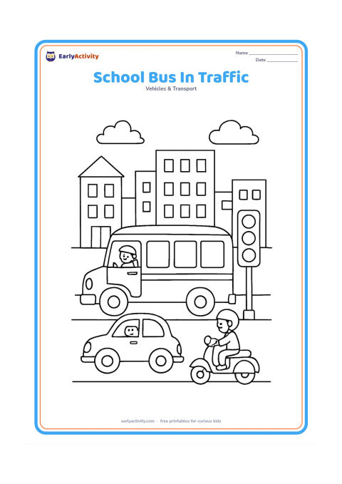 Colouring page: Draw a school bus travelling on a city road with a small car, a scooter with a helmeted rider, a traffic light with blank signal circles, and a few simple buildings. Keep the bus as the…