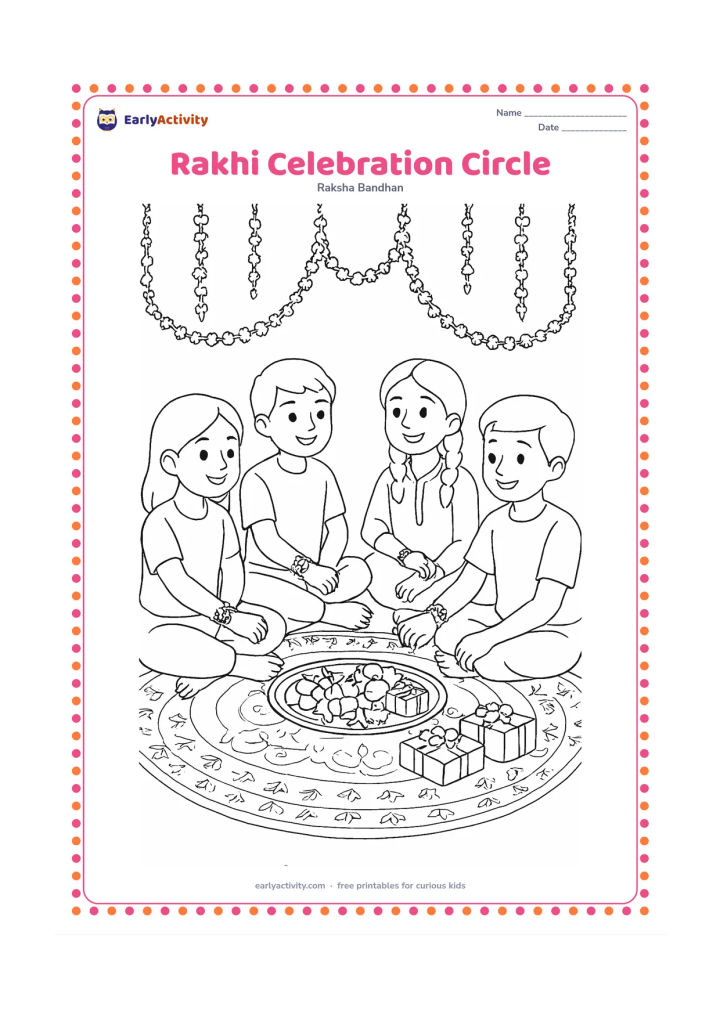 Colouring page: A group of siblings and cousins sit in a circle on a decorated floor mat, each showing a different rakhi on a wrist. Place a central thali with sweets, flower petals, and gifts, with…