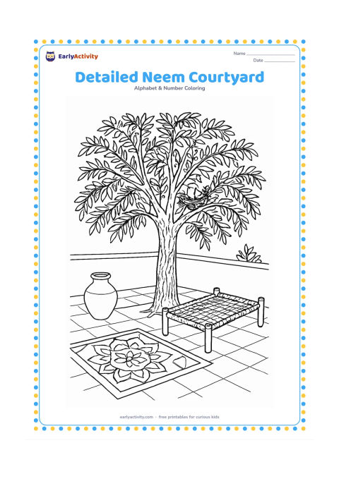Colouring page: Draw a mature neem tree in an Indian home courtyard with textured bark, many layered leafy branches, a clay pot, a charpai, and a swept rangoli-like geometric border with no letters or…