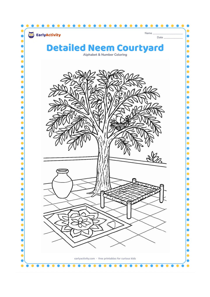 Colouring page: Draw a mature neem tree in an Indian home courtyard with textured bark, many layered leafy branches, a clay pot, a charpai, and a swept rangoli-like geometric border with no letters or…