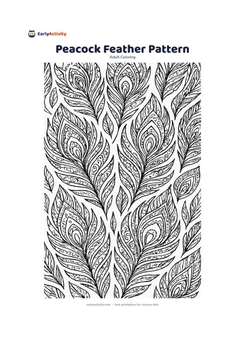 Colouring page: A full-page arrangement of overlapping peacock feathers, with each feather divided into flowing sections and decorated with paisley shapes, dots and curved lines. Add a few loose leaves…
