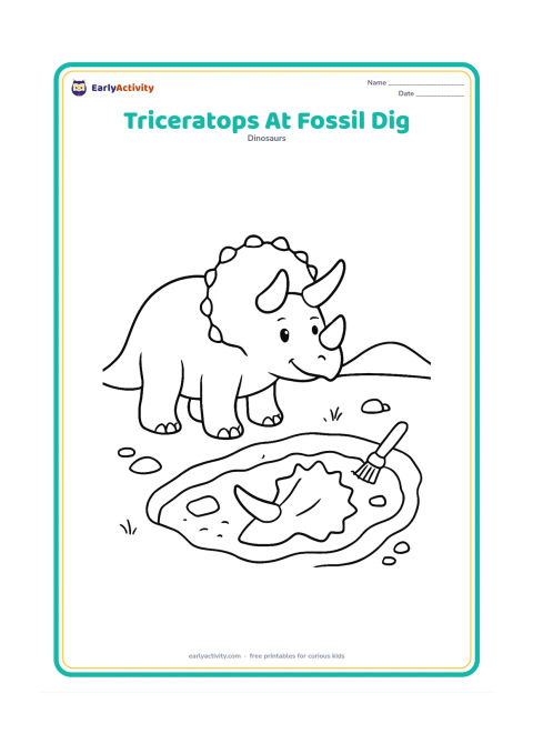 Colouring page: A friendly triceratops stands beside a shallow fossil excavation area containing a partial horn and frill fossil shape in the ground. Add a small brush, a few stones, and a low hill in…