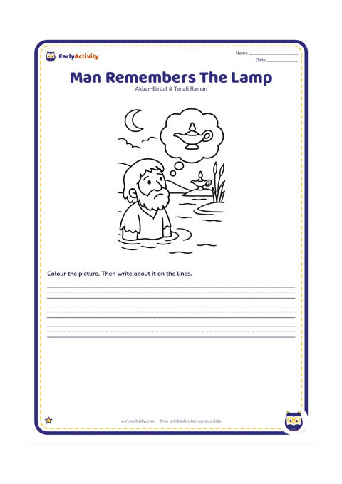 Printable: Show the poor man in the lake gazing steadily at a faraway lamp while a soft thought cloud contains only a simple lamp picture. Reeds, moonlight and the shore frame the scene.