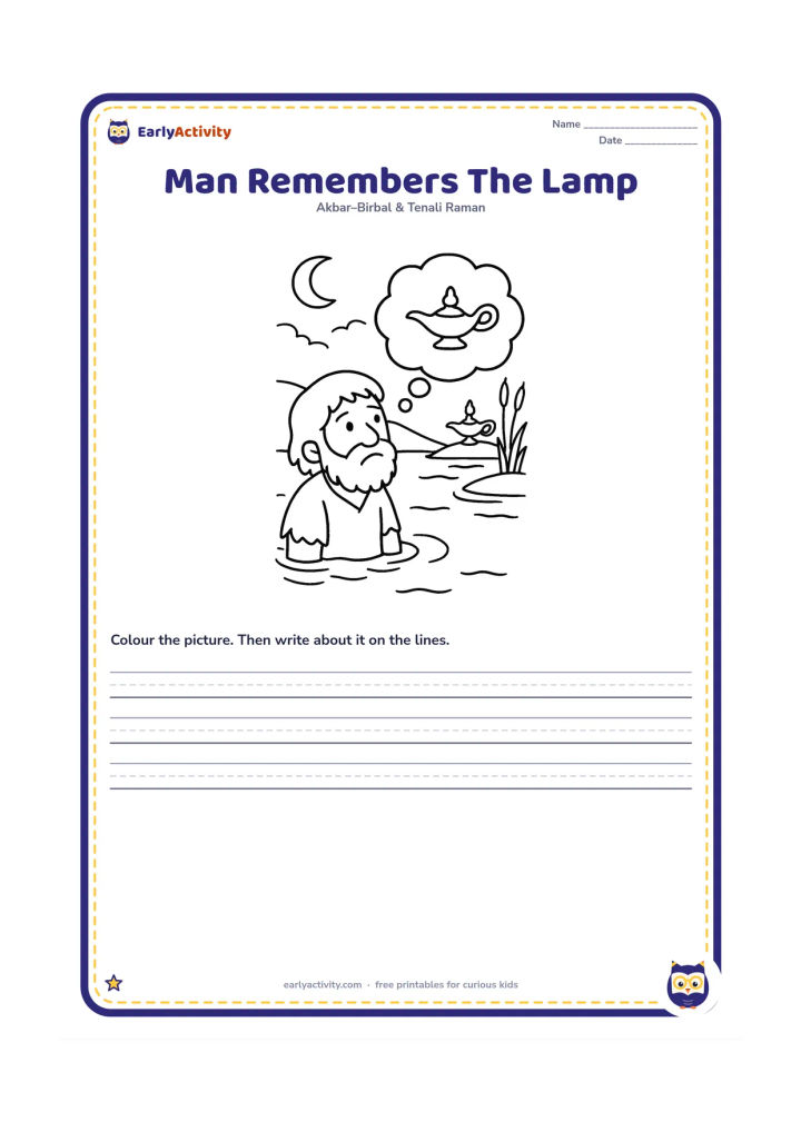 Printable: Show the poor man in the lake gazing steadily at a faraway lamp while a soft thought cloud contains only a simple lamp picture. Reeds, moonlight and the shore frame the scene.