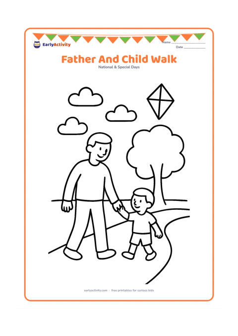 Colouring page: A father and child walk hand in hand along a park path, with a big tree, rounded clouds and a kite without a tail message or lettering.