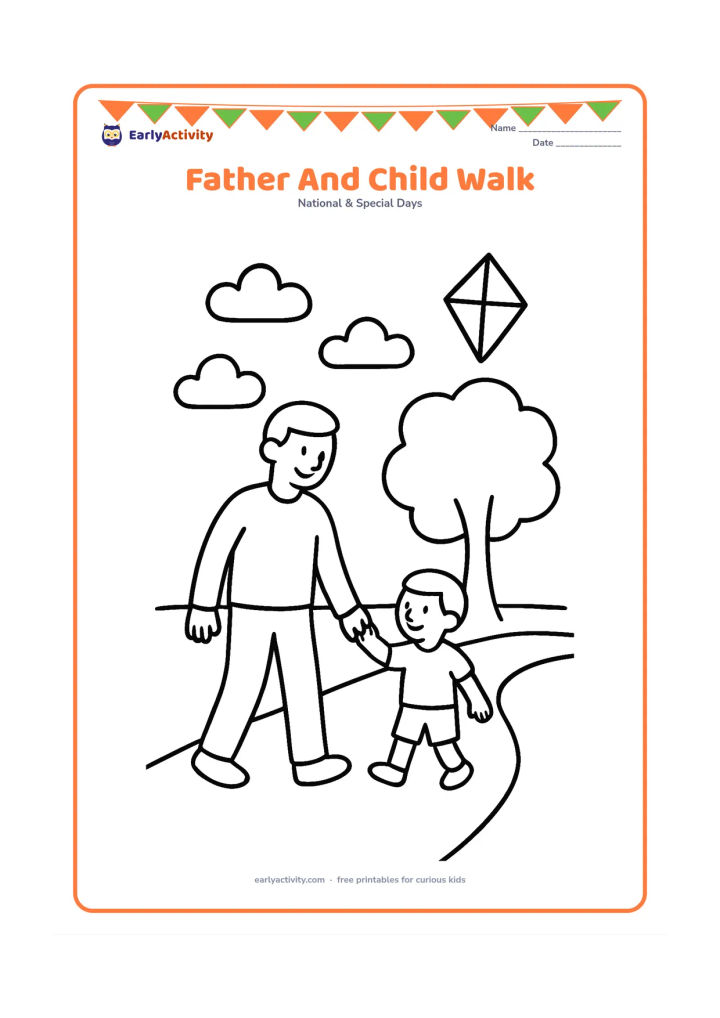 Colouring page: A father and child walk hand in hand along a park path, with a big tree, rounded clouds and a kite without a tail message or lettering.