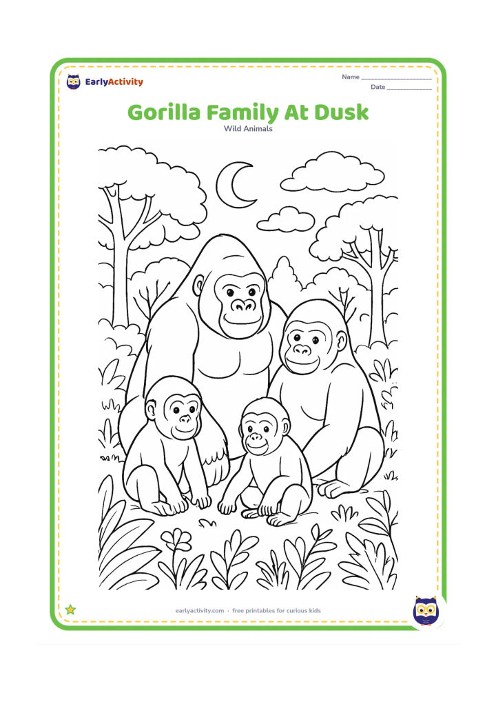 Colouring page: A silverback, an adult gorilla and two young gorillas rest together in a forest clearing at dusk. Add layered trees, a crescent moon, soft cloud shapes and plants around the family.
