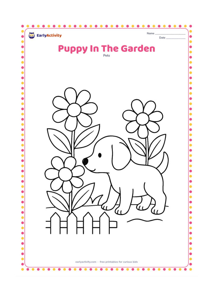 Colouring page: Draw a puppy sniffing beside a garden bed with large flowers, broad leaves, and a low fence. Show the puppy in profile with its nose near one flower.