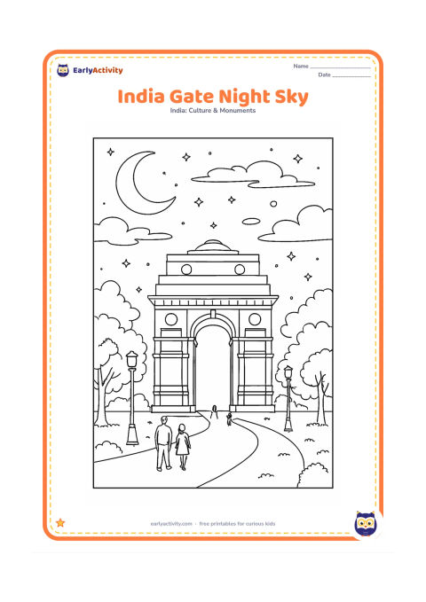 Colouring page: Draw India Gate illuminated against a detailed night sky with a crescent moon, stars, wispy clouds and tree silhouettes. Include a quiet pathway with a few visitors and lamp posts.
