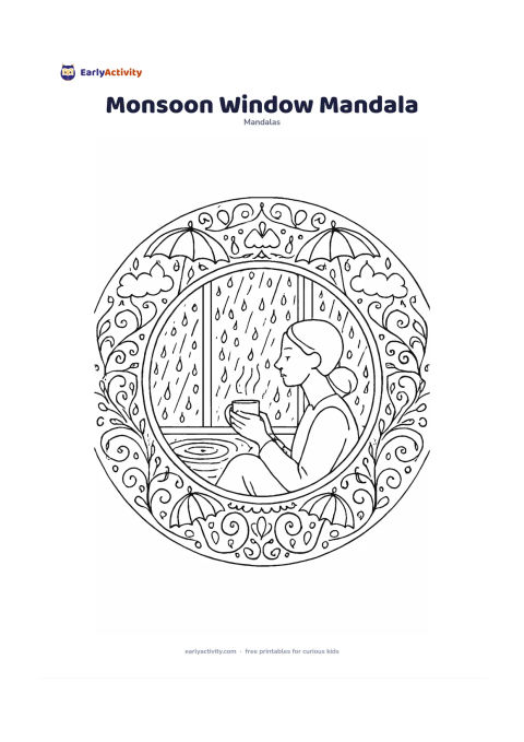 Colouring page: Create a circular mandala with a person seated beside a rainy window in the centre, holding a warm mug while raindrops cover the window behind them. Surround the scene with repeating…
