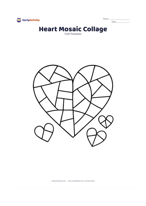 Worksheet: Draw a large heart made from many clearly separated geometric paper-like sections, including triangles, arcs and small squares, with a few separate heart pieces beside it. The…