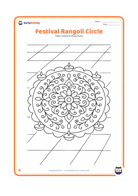 Colouring page: Show a family festival rangoli with repeated flower petals, curved vines and a wide scalloped outer ring in a courtyard. Place several unlit oil lamps evenly around the outside.