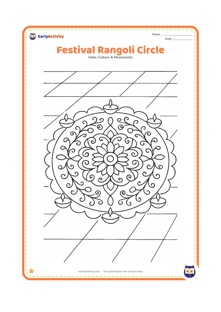 Colouring page: Show a family festival rangoli with repeated flower petals, curved vines and a wide scalloped outer ring in a courtyard. Place several unlit oil lamps evenly around the outside.