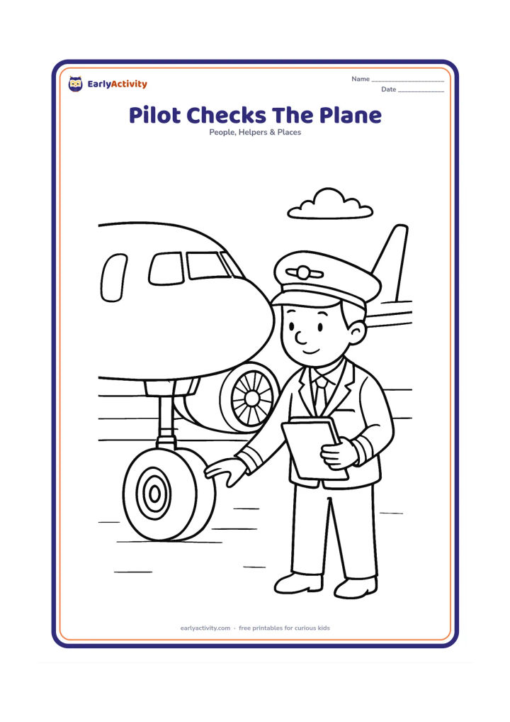 Colouring page: A pilot walks around a parked passenger aeroplane and checks one wheel with a clipboard held against the body. Show the wing, engine, landing gear and a quiet airport apron.