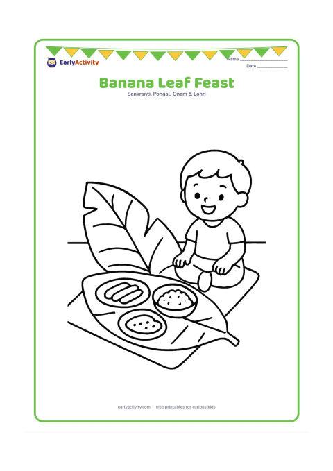 Colouring page: Draw one large banana leaf holding a few simple vegetarian dishes, with a child sitting beside it and smiling. Place the meal on a low mat with a plain wall behind.