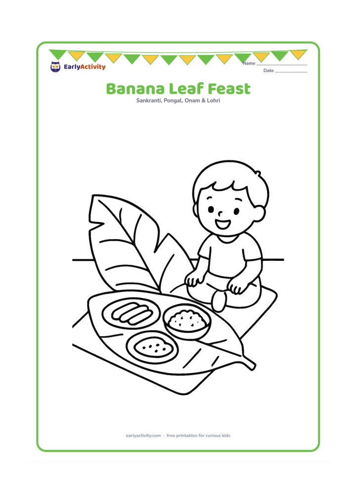 Colouring page: Draw one large banana leaf holding a few simple vegetarian dishes, with a child sitting beside it and smiling. Place the meal on a low mat with a plain wall behind.