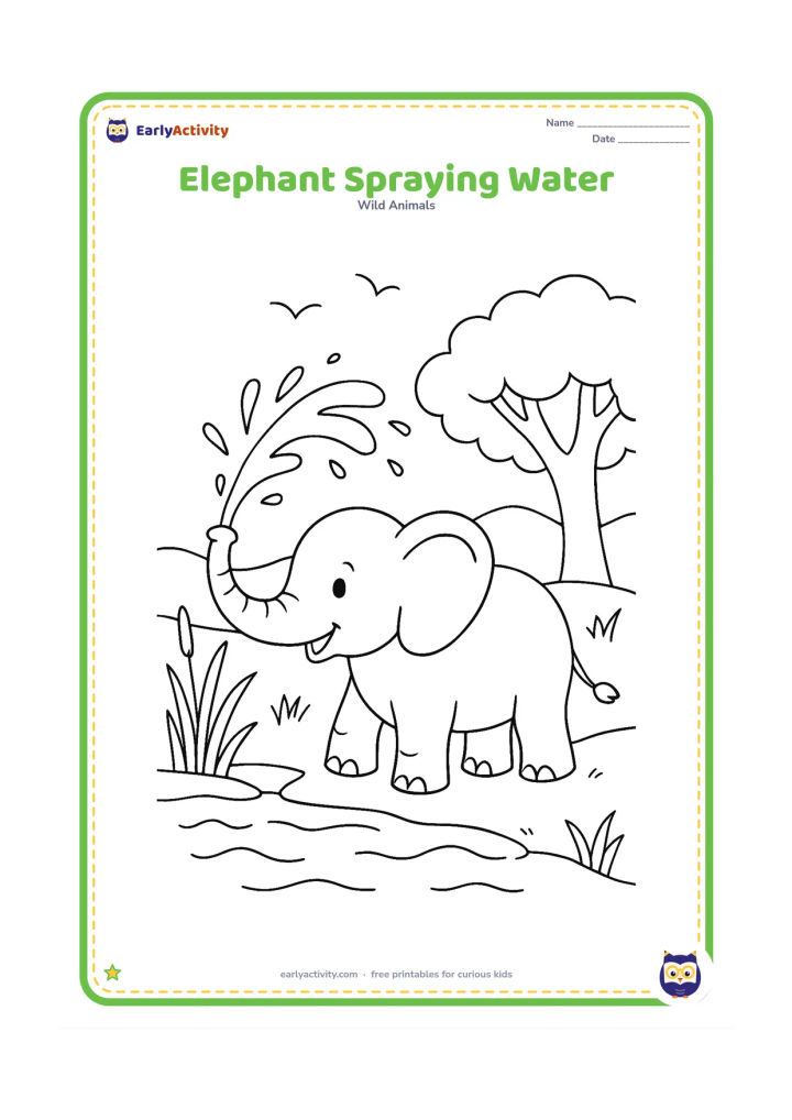 Colouring page: An elephant sprays a playful arc of water from its trunk beside a riverbank. Include reeds, a broad tree, distant hills, and a small group of birds in the sky.