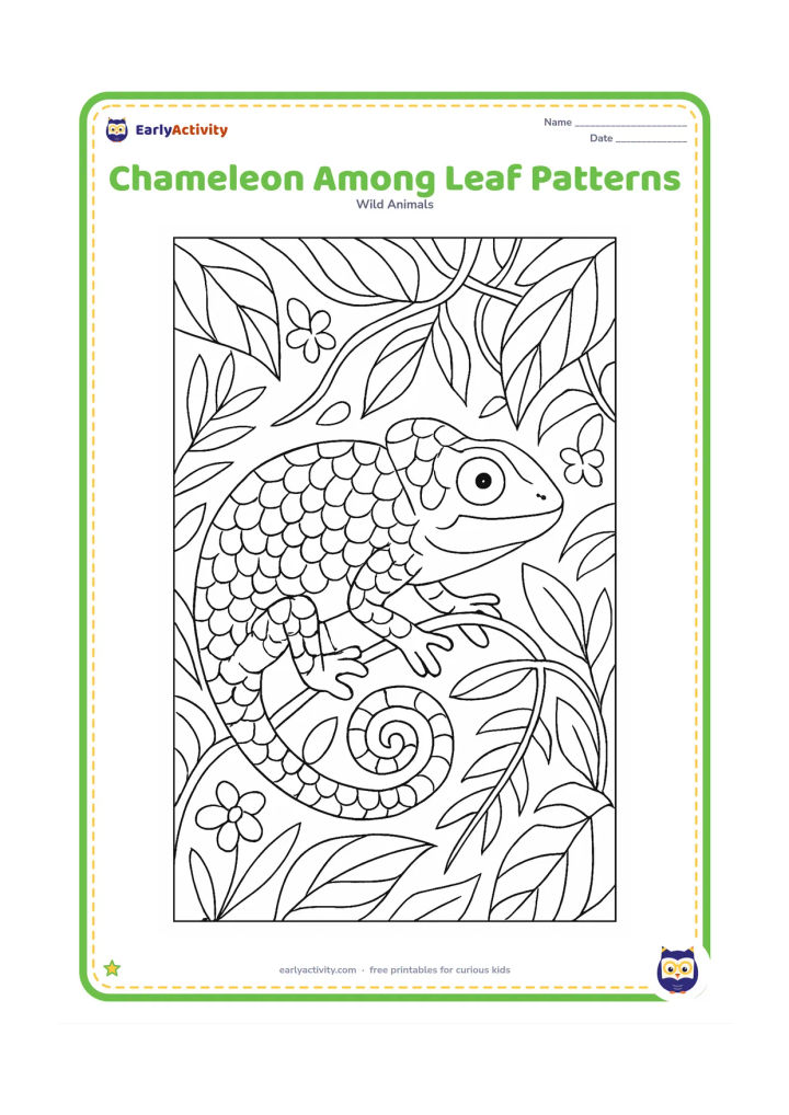 Colouring page: A side-view chameleon fills the centre of the page, surrounded by overlapping tropical leaves, vines and small flowers. Add repeated scale-like shapes across its body, a spiral tail and…