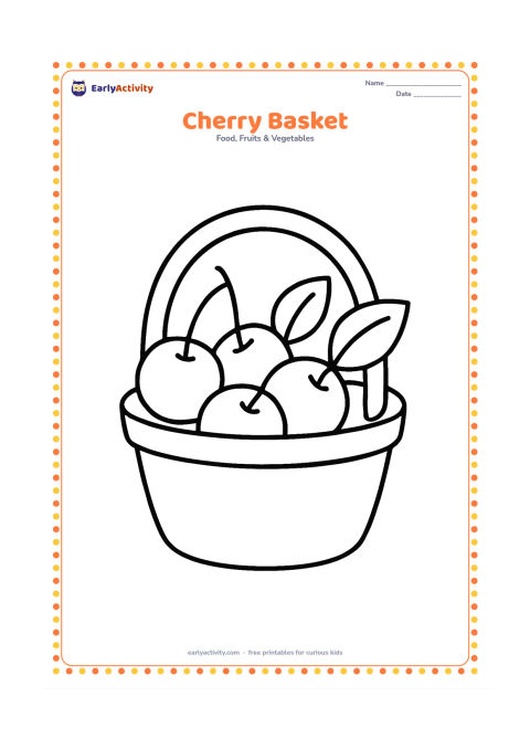 Colouring page: Draw a small handled basket containing several large cherries, with two leaves peeking over the basket edge.