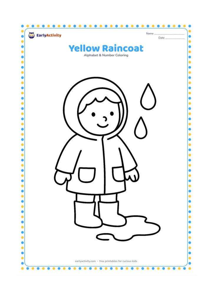 Colouring page: Draw a child wearing a hooded raincoat and simple rain boots, standing beside two large raindrops and a small puddle.