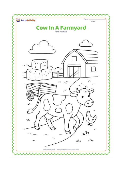 Colouring page: A cow walks through a busy but orderly farmyard past a wooden cart, stacked hay bundles, a chicken, and a low shed. Show a clear path leading through the scene.