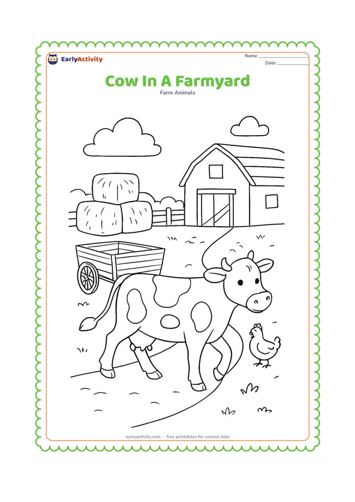 Colouring page: A cow walks through a busy but orderly farmyard past a wooden cart, stacked hay bundles, a chicken, and a low shed. Show a clear path leading through the scene.