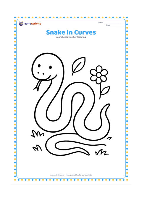 Colouring page: A friendly, non-scary snake makes three broad curves across a patch of grass, with a round head, gentle eyes and a forked tongue. Add only two leaves and one small flower in the…