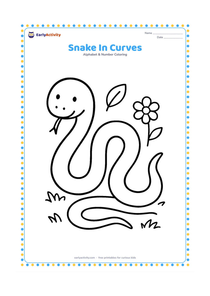 Colouring page: A friendly, non-scary snake makes three broad curves across a patch of grass, with a round head, gentle eyes and a forked tongue. Add only two leaves and one small flower in the…