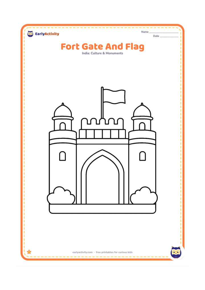 Colouring page: Show a close, oversized view of the Red Fort entrance with a tall arched gate, two sturdy side towers and a plain flag on top. Place two simple bushes beside the gate.