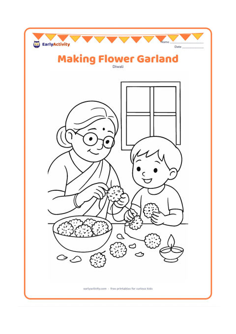 Colouring page: Draw a grandmother and child threading large marigold flowers into a garland at a table before Diwali. Include a bowl of flowers, loose petals, a window and a diya on the table.