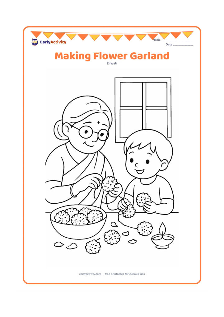 Colouring page: Draw a grandmother and child threading large marigold flowers into a garland at a table before Diwali. Include a bowl of flowers, loose petals, a window and a diya on the table.