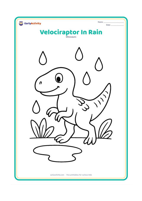 Colouring page: A friendly velociraptor walks through light rain beside two broad-leaf plants and a shallow puddle. Show a few large raindrops and its feathers lying along its body.