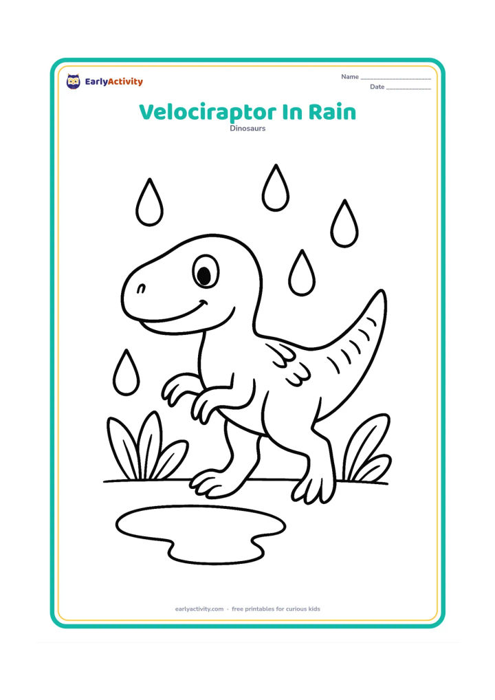 Colouring page: A friendly velociraptor walks through light rain beside two broad-leaf plants and a shallow puddle. Show a few large raindrops and its feathers lying along its body.