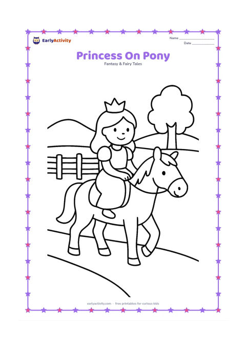 Colouring page: Draw a princess riding a calm pony at a walking pace along a wide path. Include a simple saddle, a fence, two hills, and one tree.