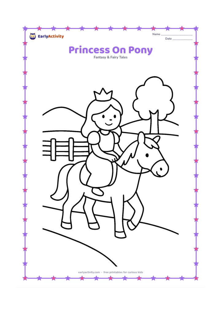 Colouring page: Draw a princess riding a calm pony at a walking pace along a wide path. Include a simple saddle, a fence, two hills, and one tree.