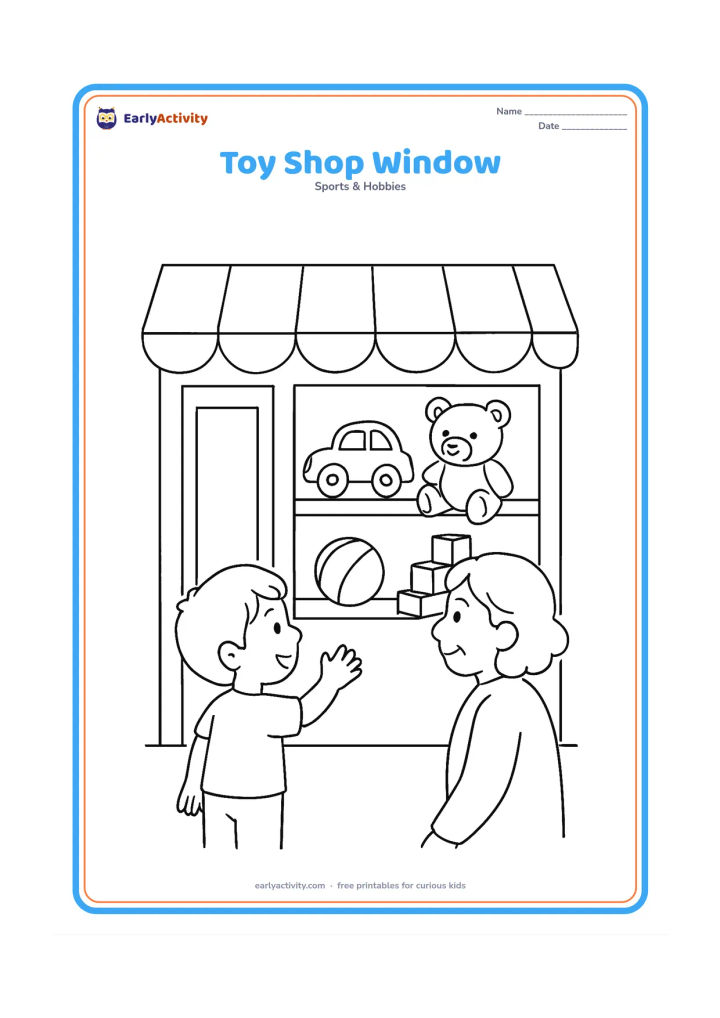Colouring page: A child and a grandparent look through a toy shop window at a toy car, teddy bear, ball and building blocks arranged on two shelves. Show a simple awning and doorway without any signs or…