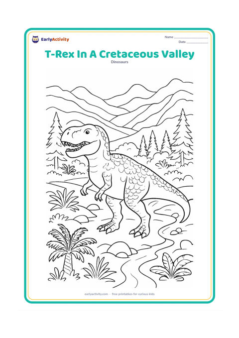 Colouring page: A T-Rex walks through a broad Cretaceous valley with layered mountains, conifer-like trees, cycads, ferns, a winding stream, and several rounded boulders. Add subtle scale patterns over…
