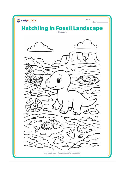 Colouring page: Draw a baby dinosaur exploring a richly layered rocky landscape with exposed fossil bones and shell shapes in the ground. Add ferns, footprints, a nest and distant cliffs.
