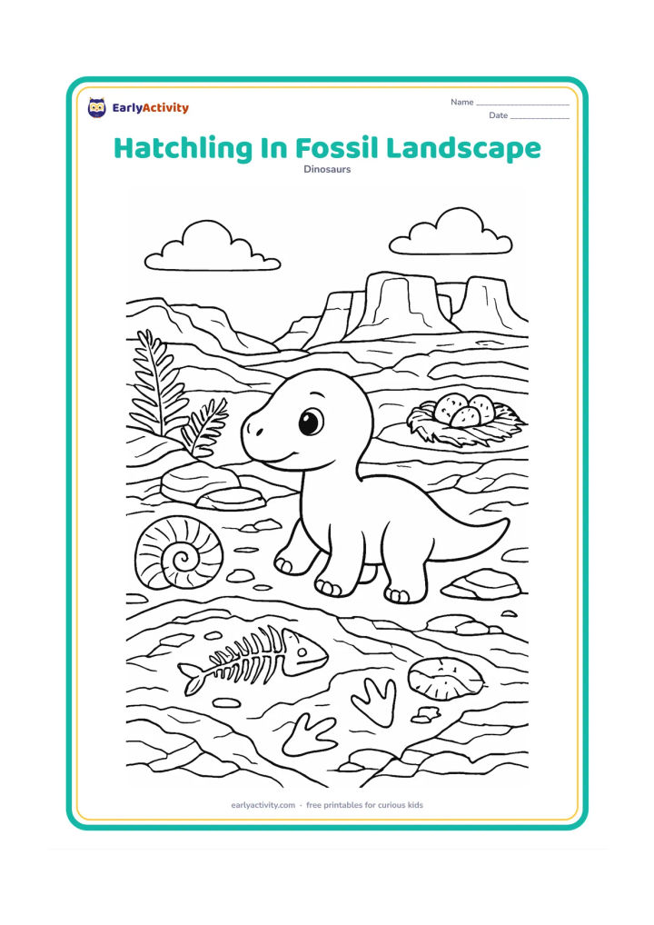 Colouring page: Draw a baby dinosaur exploring a richly layered rocky landscape with exposed fossil bones and shell shapes in the ground. Add ferns, footprints, a nest and distant cliffs.