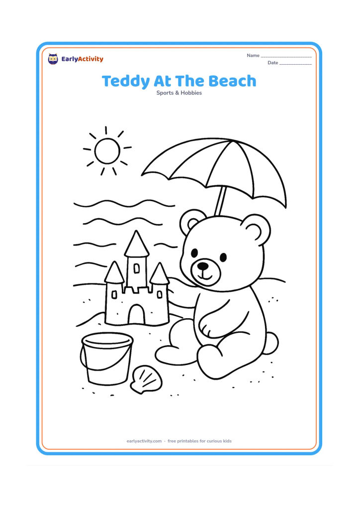 Colouring page: A teddy bear builds a sandcastle beside a bucket and spade, with gentle waves, a sun umbrella and a small shell on the sand. Show the bear sitting and concentrating on the castle.