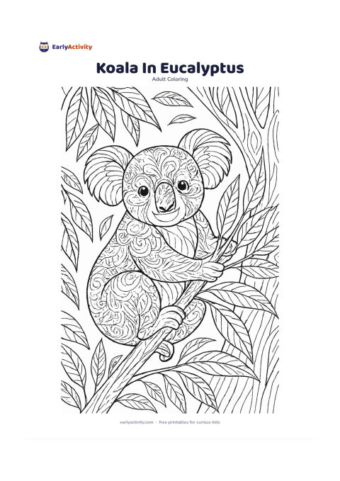 Colouring page: Draw a koala hugging a eucalyptus branch, with its head turned toward the viewer. Surround it with layered eucalyptus leaves, branching twigs, a distant tree trunk and a few falling leaves.