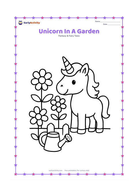 Colouring page: Draw one unicorn standing in a simple garden with a low fence, three large flowers, and a watering can. Show the unicorn looking toward the flowers.