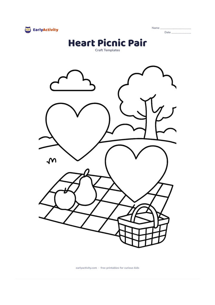Worksheet: Draw two large empty heart templates beside a simple picnic cloth, a basket and two rounded fruit shapes in a park setting. Keep the hearts clearly separate from the background objects.