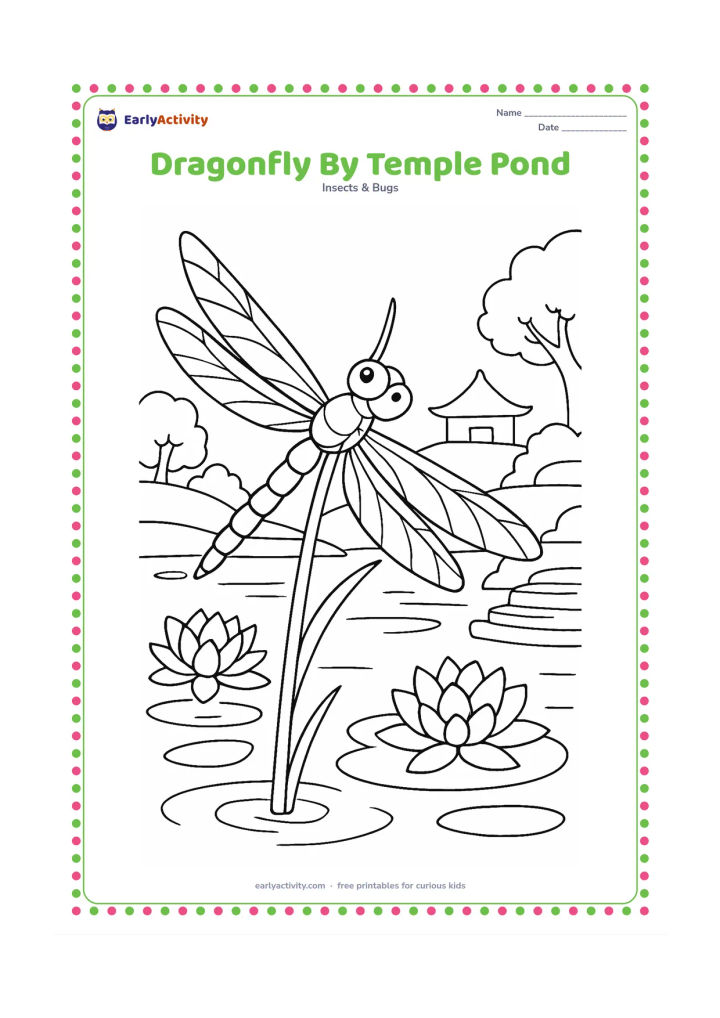 Colouring page: A dragonfly rests on a reed beside a pond near a distant peaceful temple silhouette, with lotus flowers, stone steps, trees, and reflections in the water. The adult insect should have…