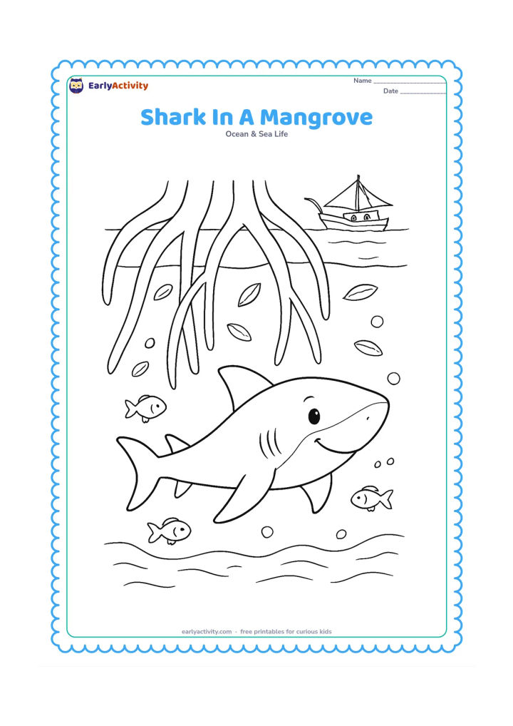 Colouring page: A young shark swims through shallow water beneath mangrove roots, with a few small fish, floating leaves and a distant Indian coastal fishing boat above the water. Show the roots as…
