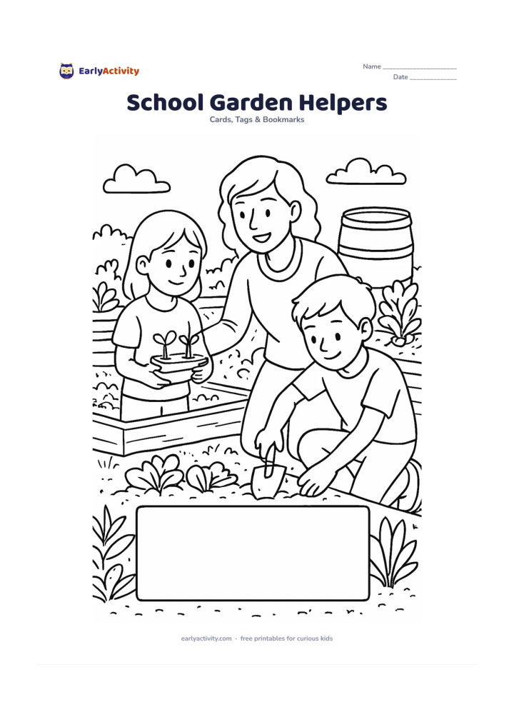 Worksheet: Two children and a teacher work together in a school garden, with one child holding seedlings, another using a trowel and the teacher guiding them. Show raised beds, a water barrel and…