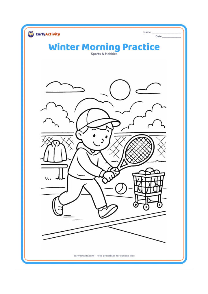 Colouring page: A child practises a gentle groundstroke on a cool morning court, with a low sun, light mist, a warm-up jacket on a bench, and a ball cart nearby.