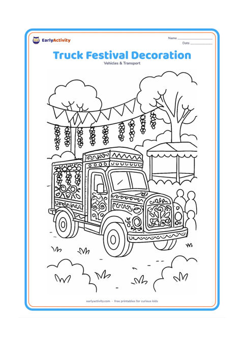 Colouring page: A decorated Indian goods truck is parked near a village festival area with hanging bunting, flower garlands, a small stage and trees. Show ornamental patterns on the truck body without…