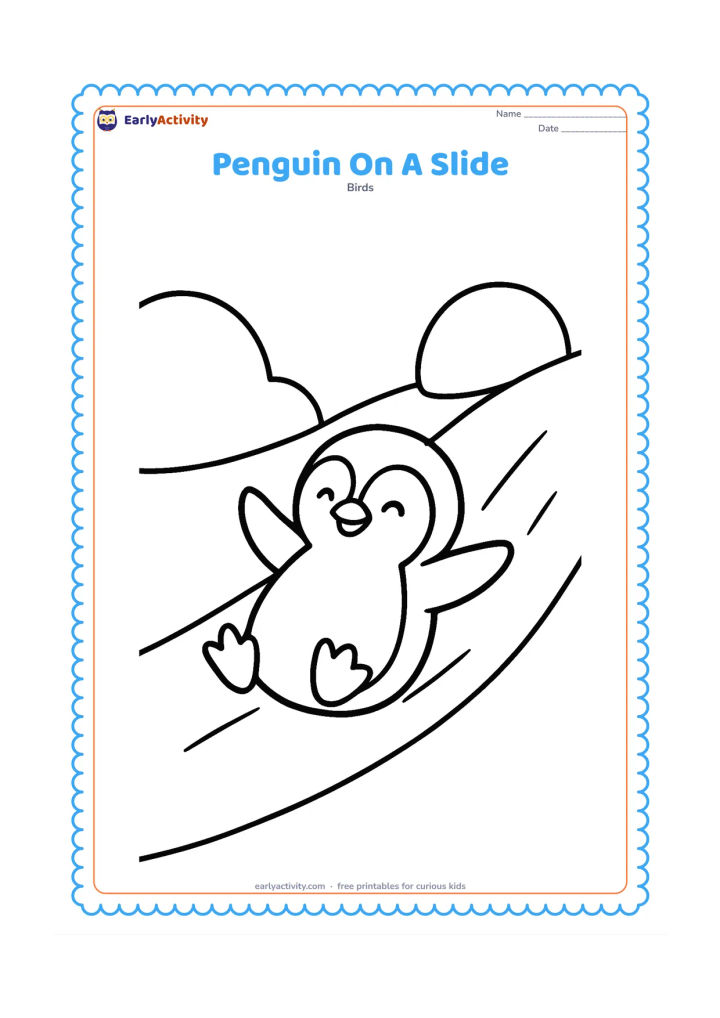 Colouring page: Draw a happy penguin sliding belly-first down one broad snowy slope with flippers spread. Add two large rounded snowbanks and a simple curved trail.