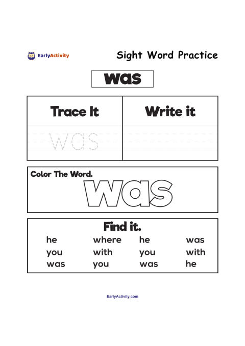 Sight word worksheet for practising “was” with tracing, writing, colouring the word, and finding it among other words.